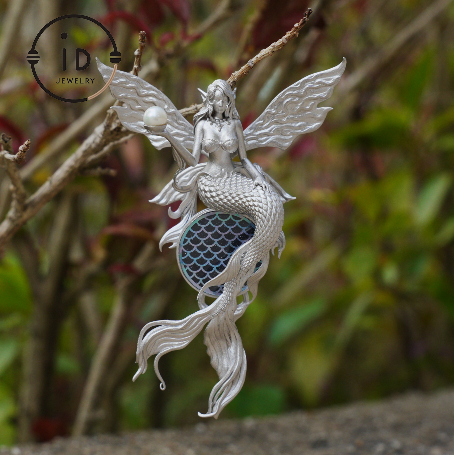 Silver Mermaid Pendant with Wings in 925 Sterling Silver with Pearl and Blue Goldstone, Gothic Vintage Style, Gift for Women