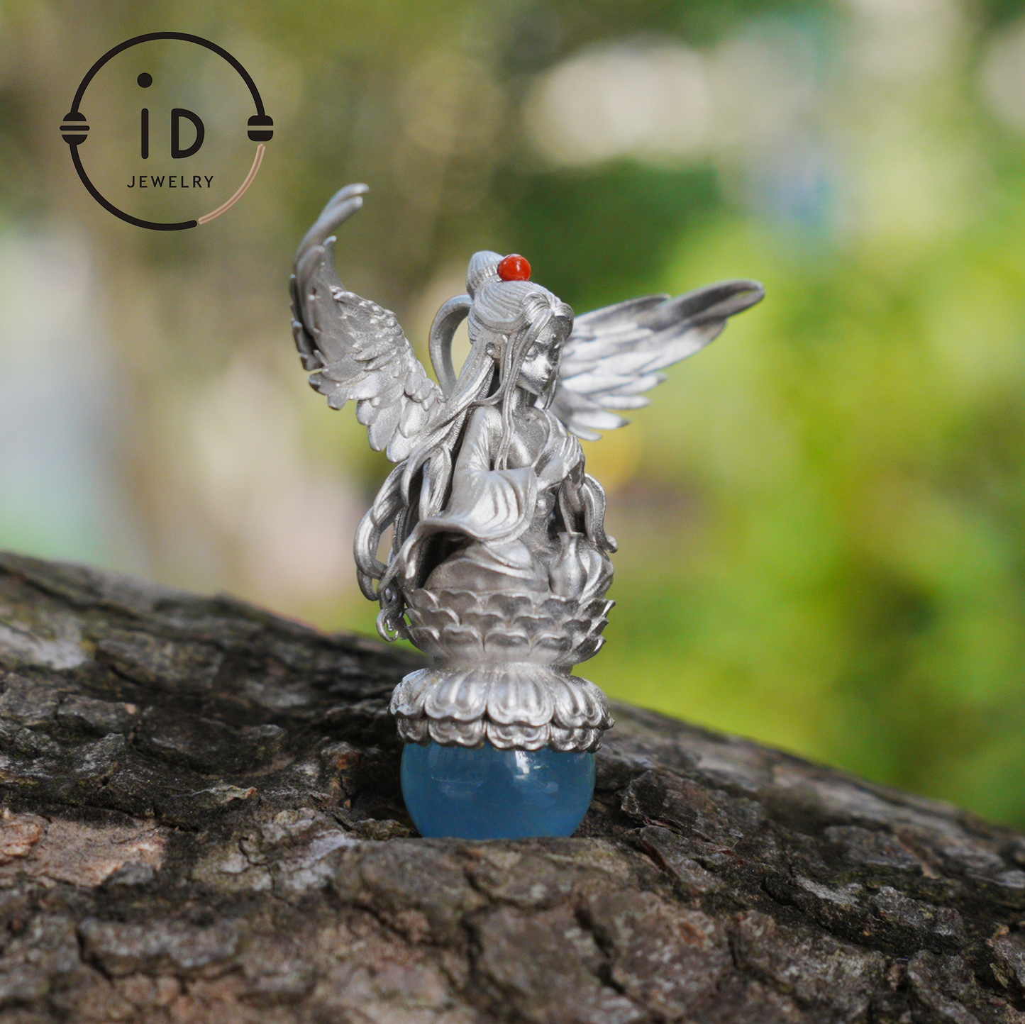 Silver pendant with figure wing design aquamarine amulet oxidized 925 jewelry gothic fairy style necklace gift for her spiritual vintage