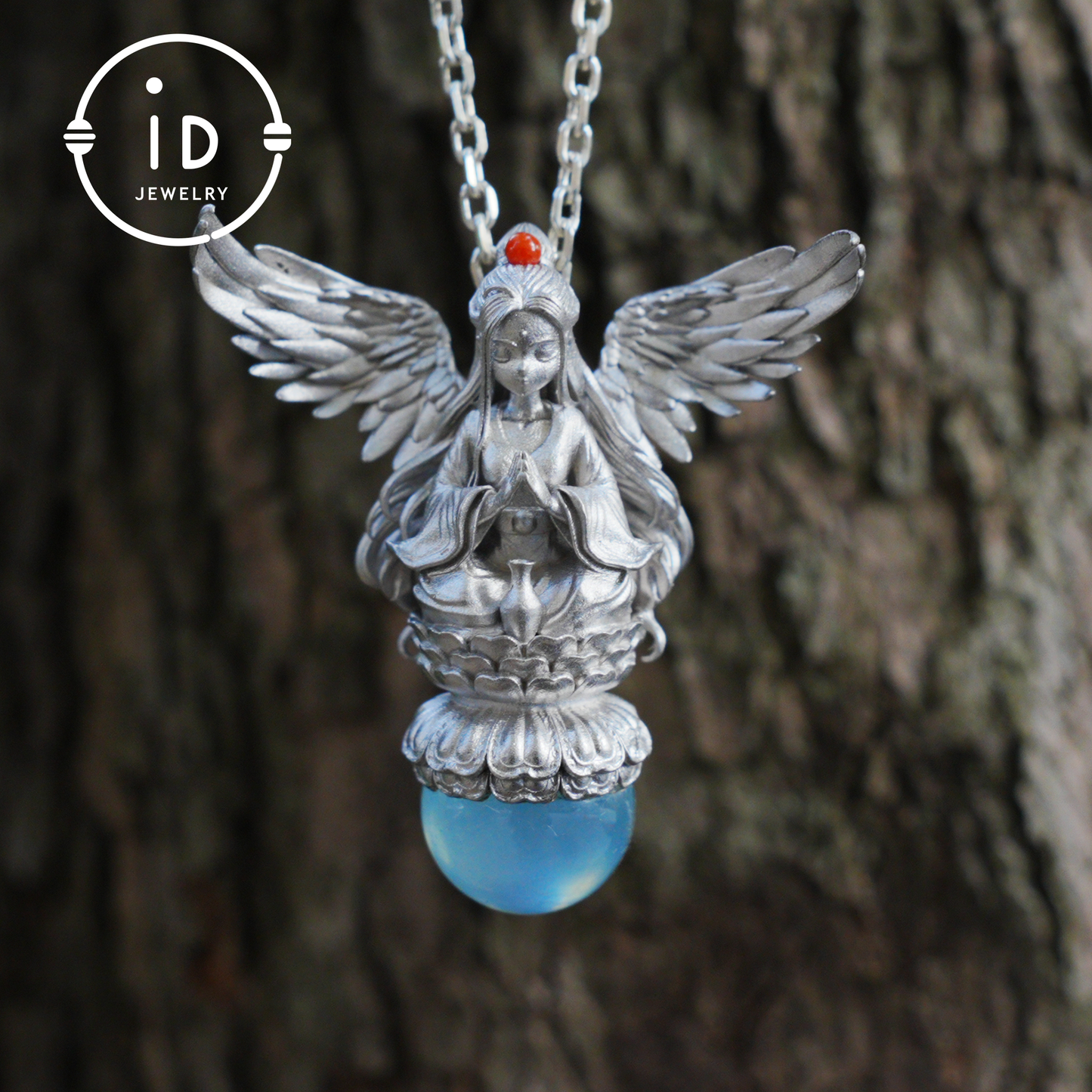 Silver pendant with figure wing design aquamarine amulet oxidized 925 jewelry gothic fairy style necklace gift for her spiritual vintage