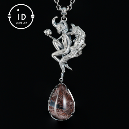 925 Silver Pendant with Lodolith Crystal Drop, Gothic Fantasy Jewelry, Oxidized Silver, Talisman Pendant for Self-Reflection, Gift for Her