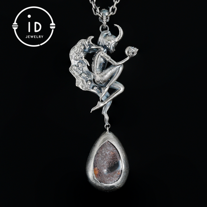 925 Silver Pendant with Lodolith Crystal Drop, Gothic Fantasy Jewelry, Oxidized Silver, Talisman Pendant for Self-Reflection, Gift for Her