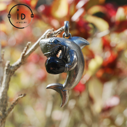 Shark Pendant in Oxidized 925 Sterling Silver with Blue Agate Gem · Ocean Totem Jewelry Gift for Men and Sea Lovers