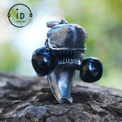 Shark Pendant in Oxidized 925 Sterling Silver with Blue Agate Gem · Ocean Totem Jewelry Gift for Men and Sea Lovers