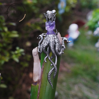 Large Amethyst Pendant in Oxidized 925 Silver with Tentacle Figure · Gothic Fantasy Style Necklace · Unique Halloween Jewelry Gift for Her