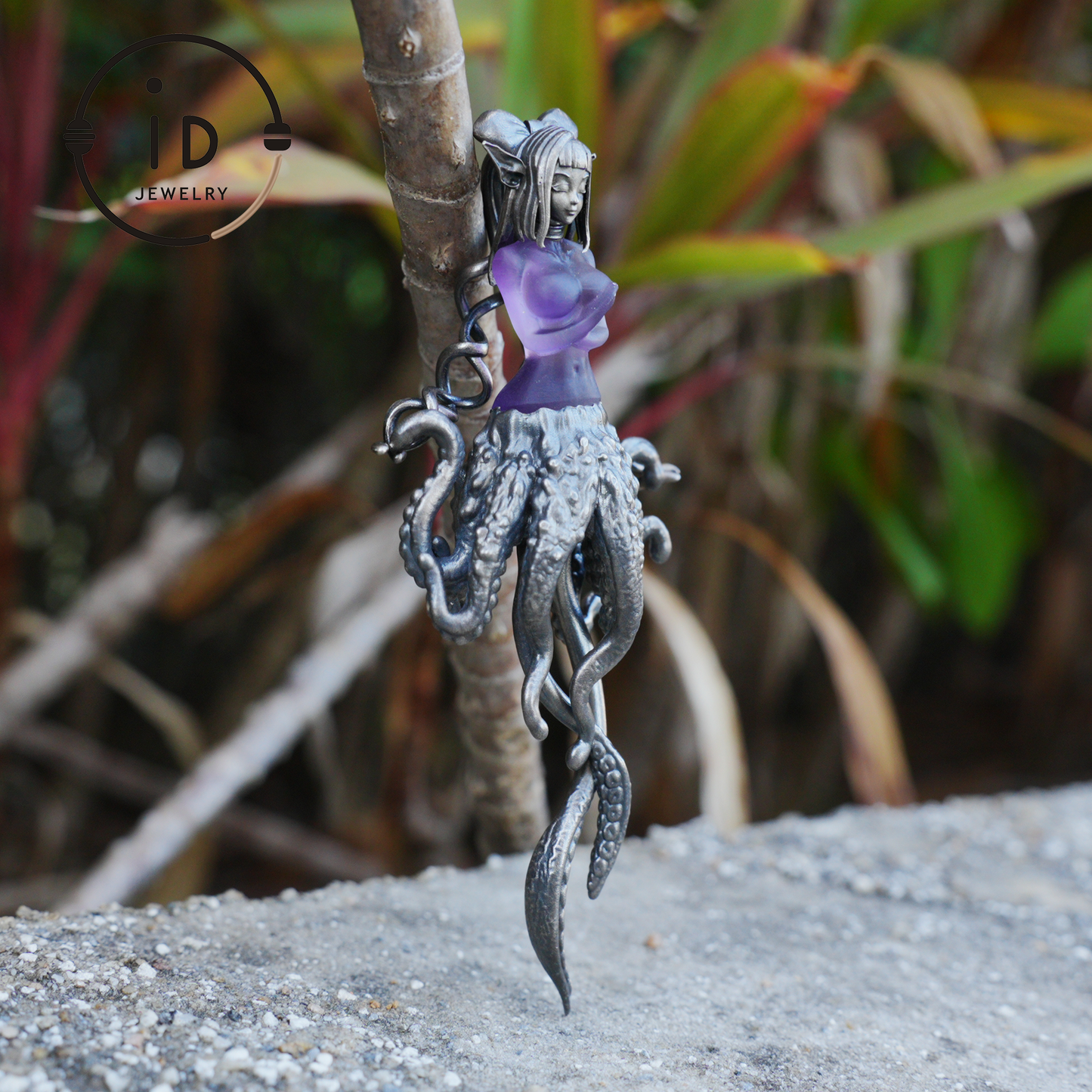 Large Amethyst Pendant in Oxidized 925 Silver with Tentacle Figure · Gothic Fantasy Style Necklace · Unique Halloween Jewelry Gift for Her