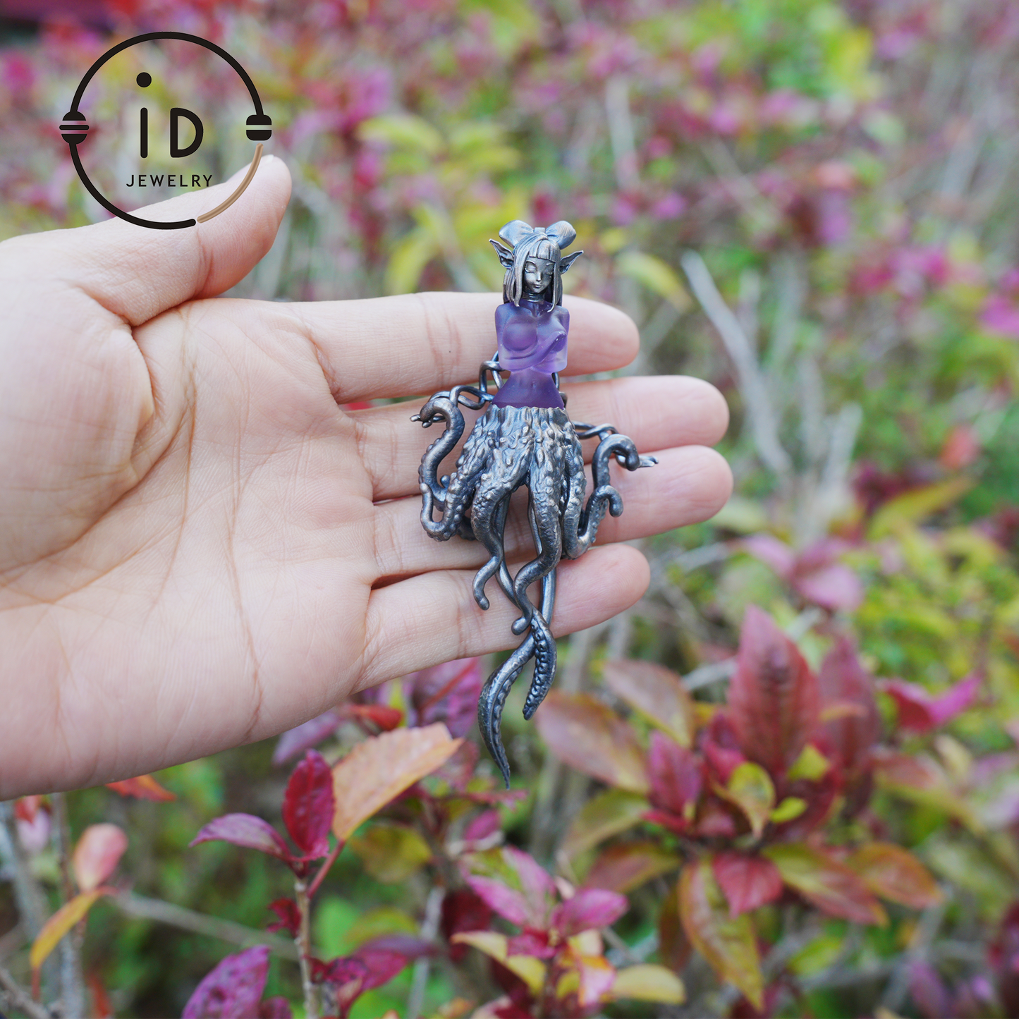 Large Amethyst Pendant in Oxidized 925 Silver with Tentacle Figure · Gothic Fantasy Style Necklace · Unique Halloween Jewelry Gift for Her