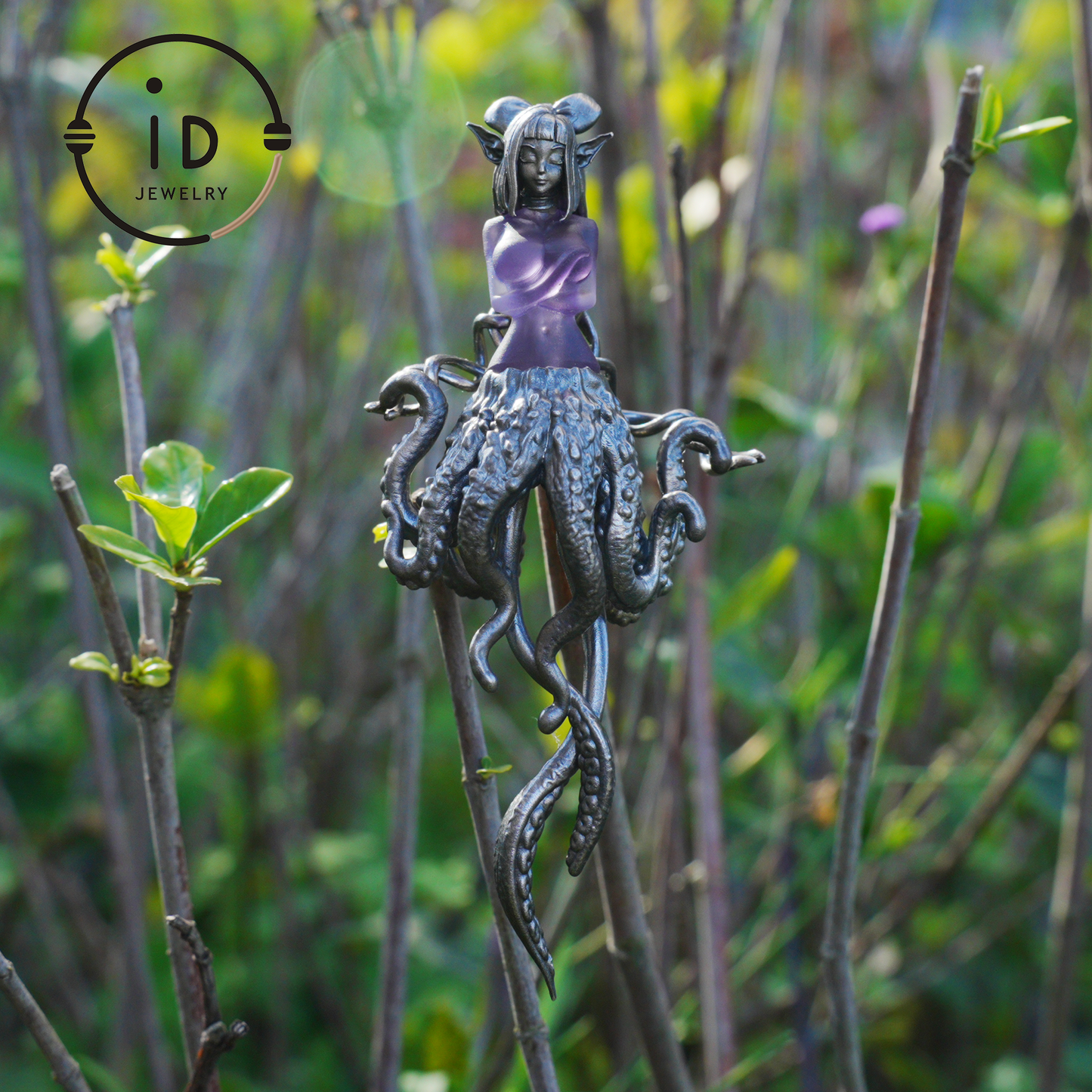 Large Amethyst Pendant in Oxidized 925 Silver with Tentacle Figure · Gothic Fantasy Style Necklace · Unique Halloween Jewelry Gift for Her