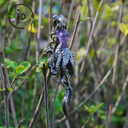 Large Amethyst Pendant in Oxidized 925 Silver with Tentacle Figure · Gothic Fantasy Style Necklace · Unique Halloween Jewelry Gift for Her