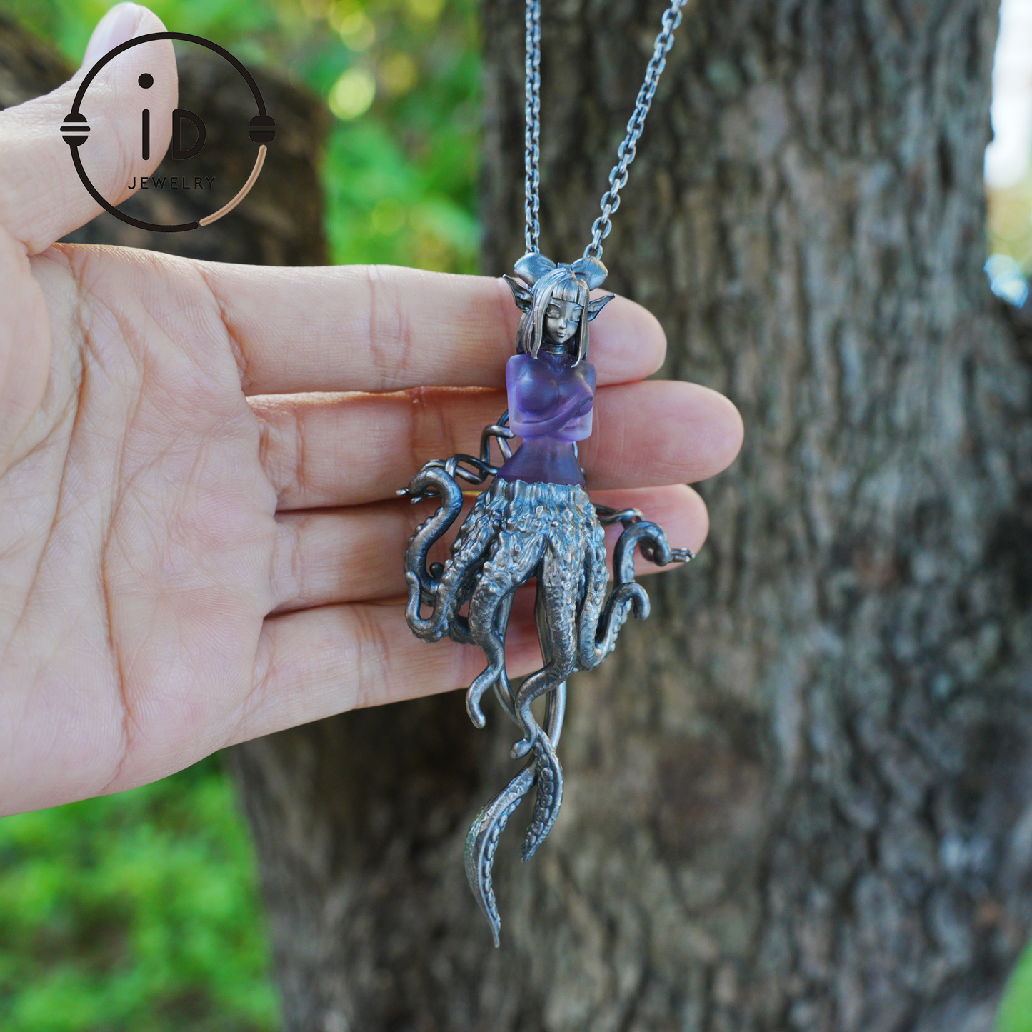 Large Amethyst Pendant in Oxidized 925 Silver with Tentacle Figure · Gothic Fantasy Style Necklace · Unique Halloween Jewelry Gift for Her
