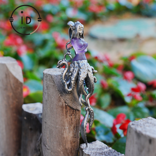 Large Amethyst Pendant in Oxidized 925 Silver with Tentacle Figure · Gothic Fantasy Style Necklace · Unique Halloween Jewelry Gift for Her