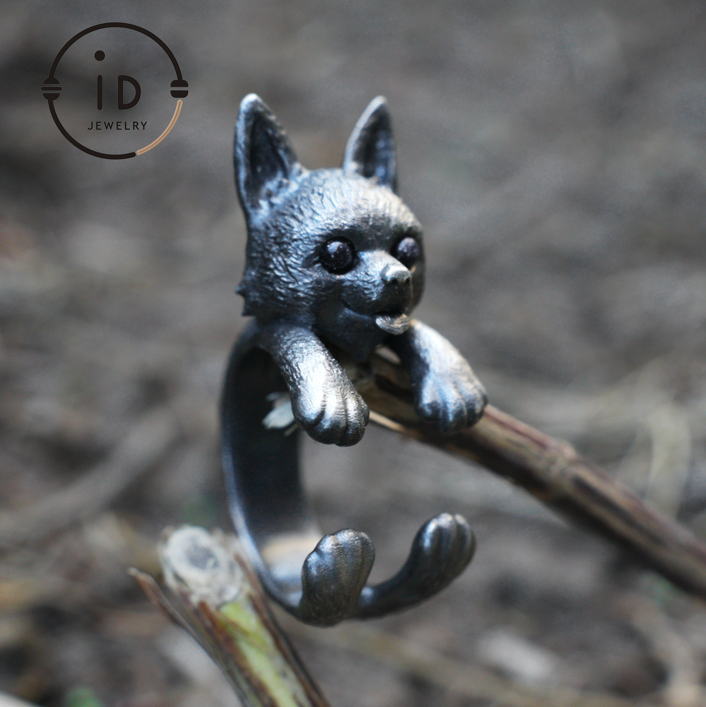 Adjustable dog ring in 925 silver with onyx, oxidized gothic style, animal totem jewelry gift for her or dog lovers