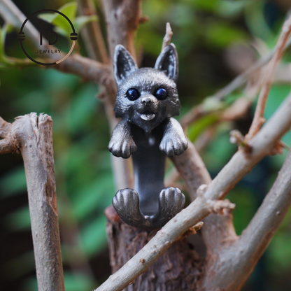 Adjustable dog ring in 925 silver with onyx, oxidized gothic style, animal totem jewelry gift for her or dog lovers