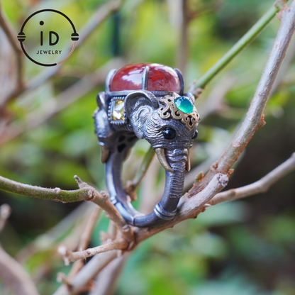 Adjustable Elephant Ring in 925 Sterling Silver with Red Agate and Green Stones, Totem Style Animal Symbol Jewelry, Spiritual Gift for Her