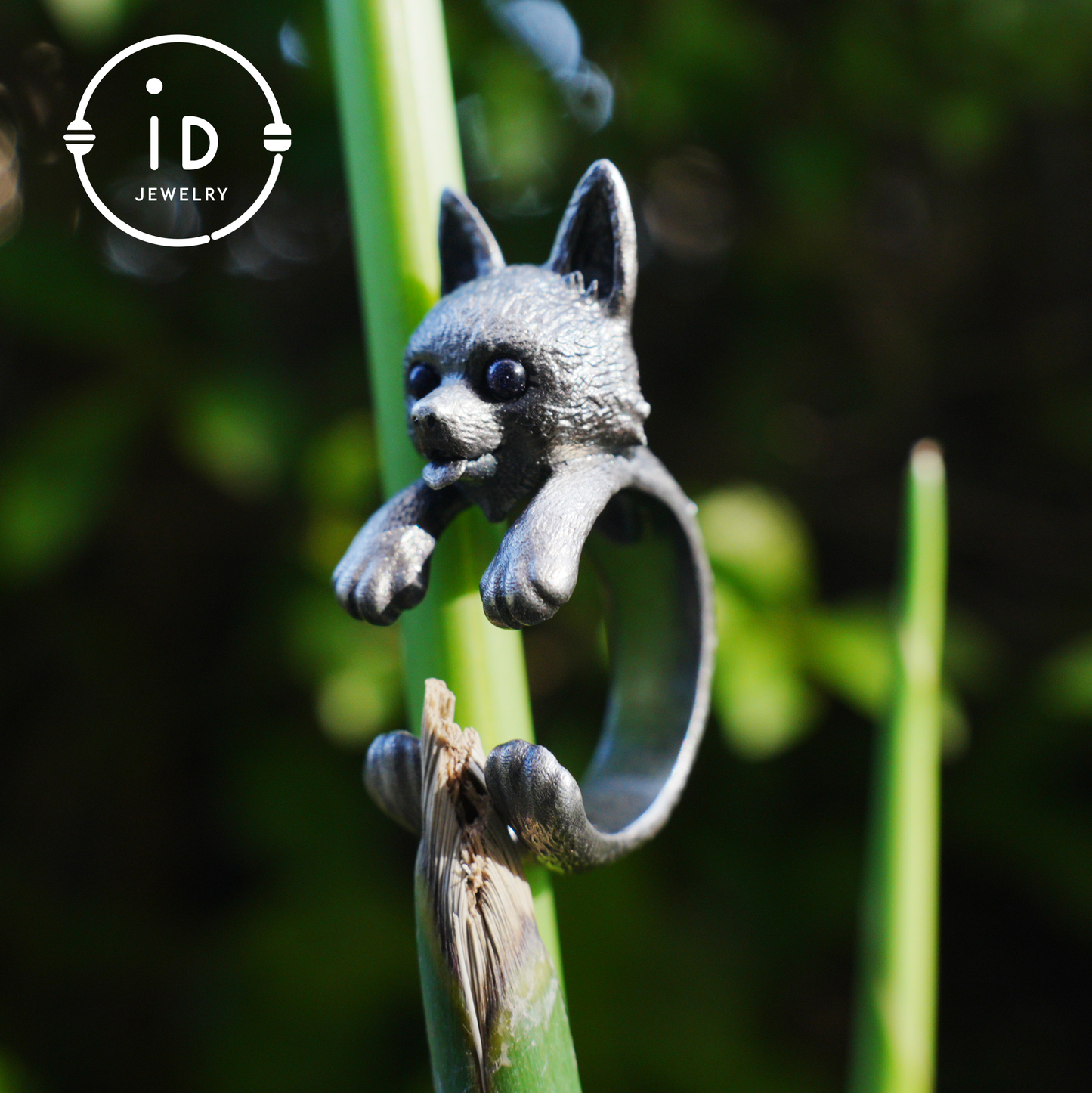 Adjustable dog ring in 925 silver with onyx, oxidized gothic style, animal totem jewelry gift for her or dog lovers