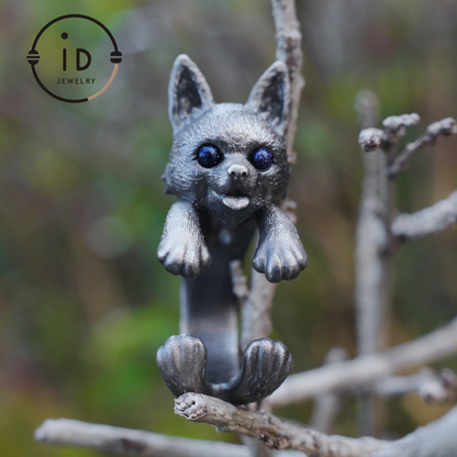 Adjustable dog ring in 925 silver with onyx, oxidized gothic style, animal totem jewelry gift for her or dog lovers