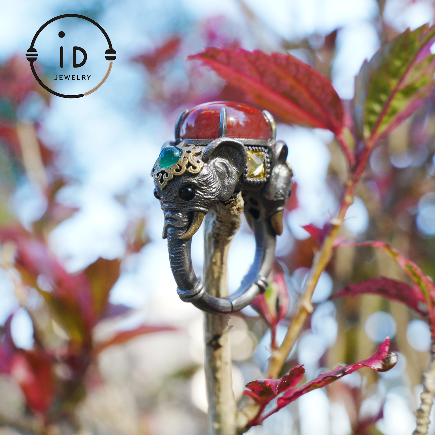 Adjustable Elephant Ring in 925 Sterling Silver with Red Agate and Green Stones, Totem Style Animal Symbol Jewelry, Spiritual Gift for Her