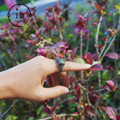 Adjustable Elephant Ring in 925 Sterling Silver with Red Agate and Green Stones, Totem Style Animal Symbol Jewelry, Spiritual Gift for Her