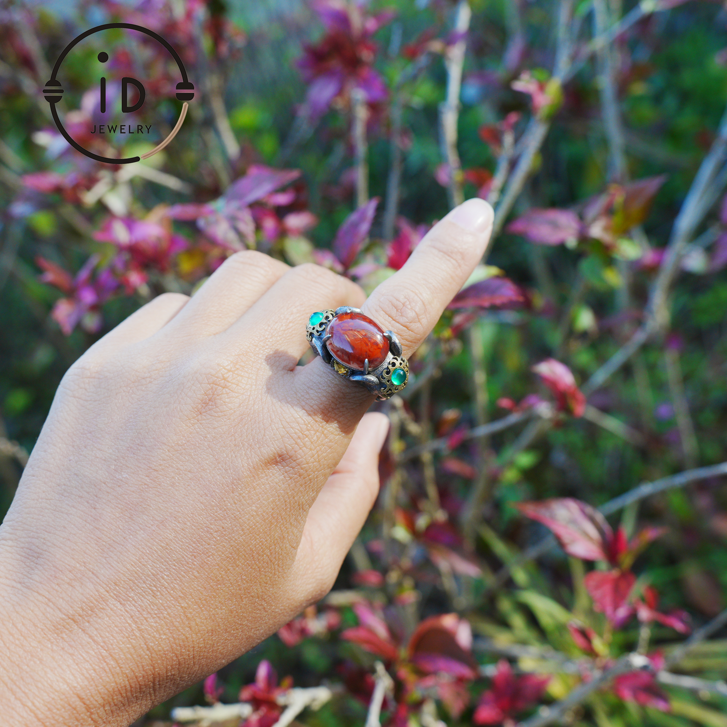 Adjustable Elephant Ring in 925 Sterling Silver with Red Agate and Green Stones, Totem Style Animal Symbol Jewelry, Spiritual Gift for Her