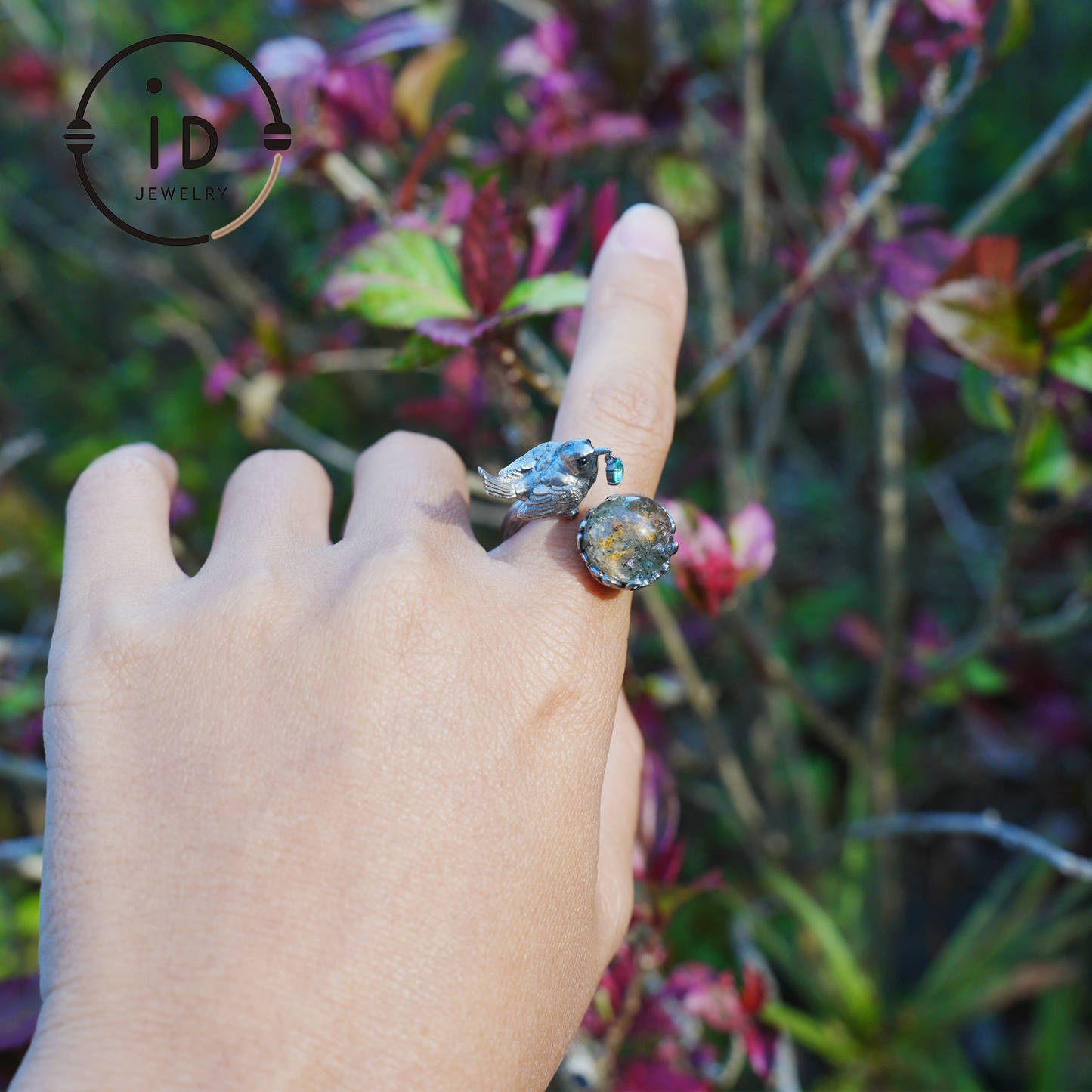 Adjustable 925 Silver Bird Ring with Crystal Sphere and Green Bead in Fairy Nature Style, Meaningful Gift for Nature Lovers