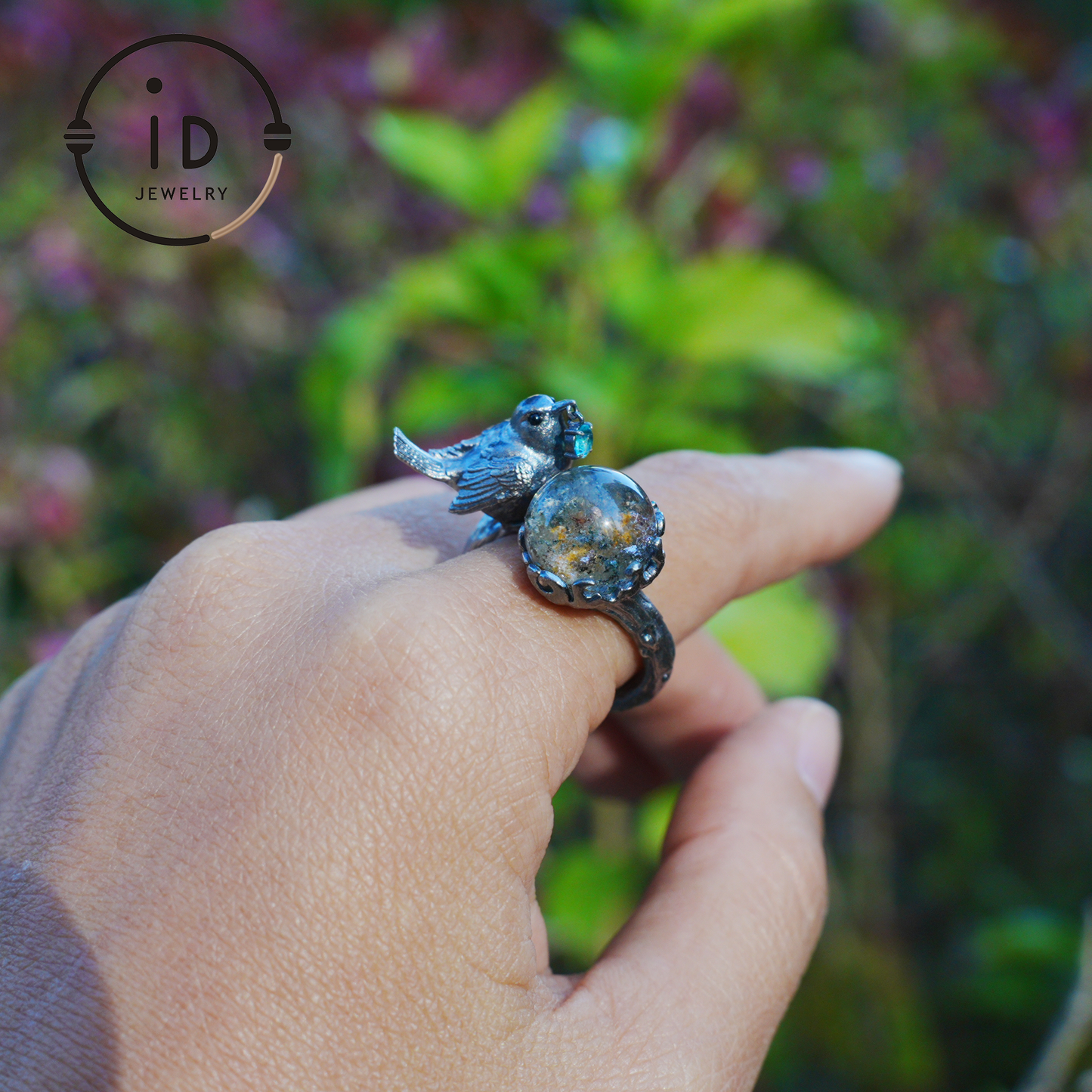 Adjustable 925 Silver Bird Ring with Crystal Sphere and Green Bead in Fairy Nature Style, Meaningful Gift for Nature Lovers