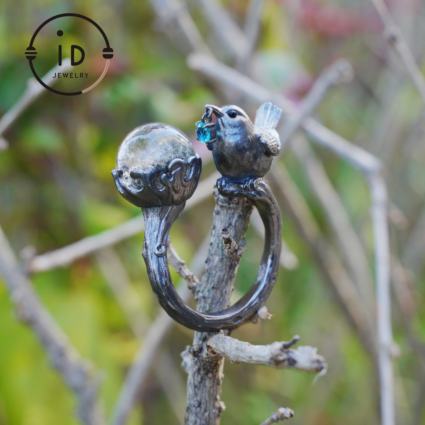 Adjustable 925 Silver Bird Ring with Crystal Sphere and Green Bead in Fairy Nature Style, Meaningful Gift for Nature Lovers