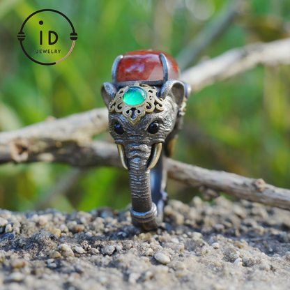 Adjustable Elephant Ring in 925 Sterling Silver with Red Agate and Green Stones, Totem Style Animal Symbol Jewelry, Spiritual Gift for Her