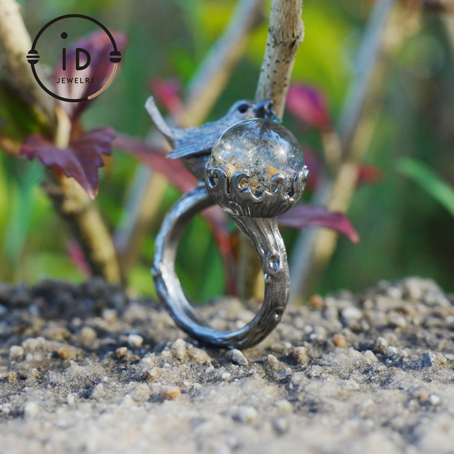 Adjustable 925 Silver Bird Ring with Crystal Sphere and Green Bead in Fairy Nature Style, Meaningful Gift for Nature Lovers