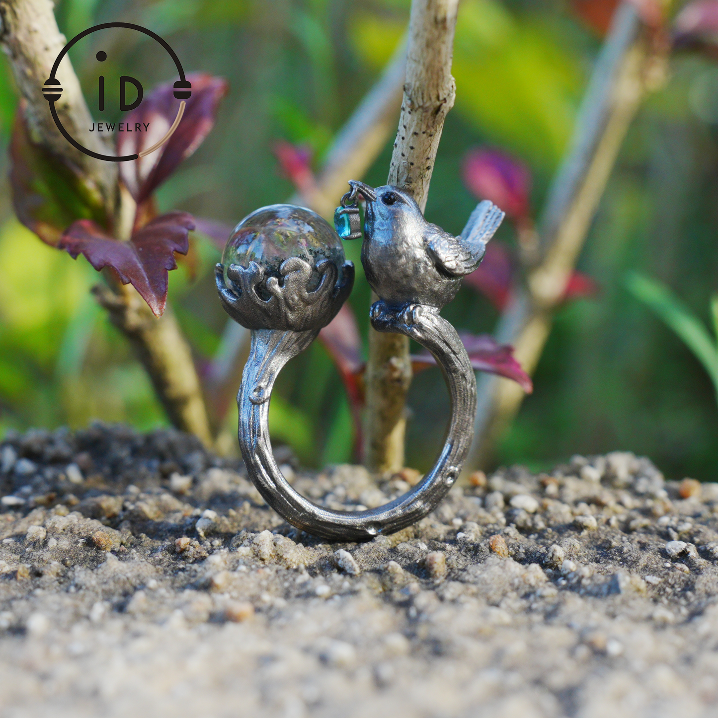 Adjustable 925 Silver Bird Ring with Crystal Sphere and Green Bead in Fairy Nature Style, Meaningful Gift for Nature Lovers