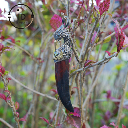 Blood Jasper Pendant with Carved Phoenix Head in 925 Sterling Silver & Bronze, Totem Talisman Necklace, Gothic Mythology Gift for Men Women