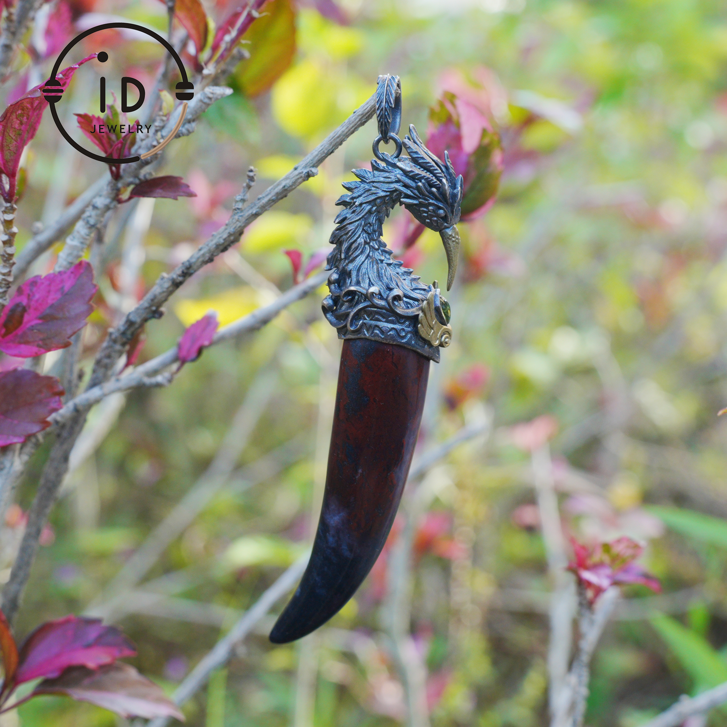 Blood Jasper Pendant with Carved Phoenix Head in 925 Sterling Silver & Bronze, Totem Talisman Necklace, Gothic Mythology Gift for Men Women