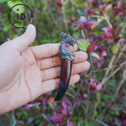 Blood Jasper Pendant with Carved Phoenix Head in 925 Sterling Silver & Bronze, Totem Talisman Necklace, Gothic Mythology Gift for Men Women
