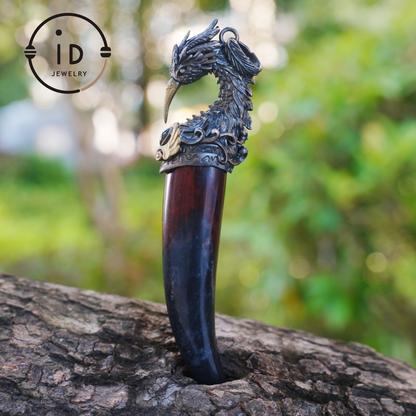 Blood Jasper Pendant with Carved Phoenix Head in 925 Sterling Silver & Bronze, Totem Talisman Necklace, Gothic Mythology Gift for Men Women