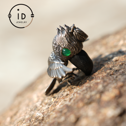 Schuhschnabel-Vogel-Anhänger | 925 Silber, Schwarzer Achat &amp; Turmalin | Handgefertigter Naturschmuck