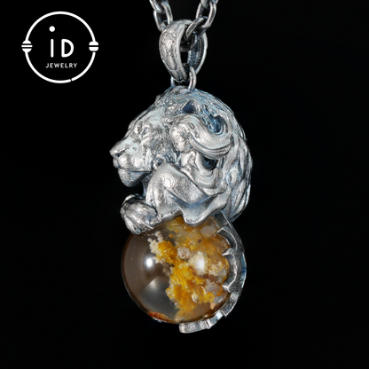 Totem Pendant in 925 Sterling Silver with Lion and Girl Figure, Handmade Talisman with Phantom Quartz Stone, Unique Gift for Men
