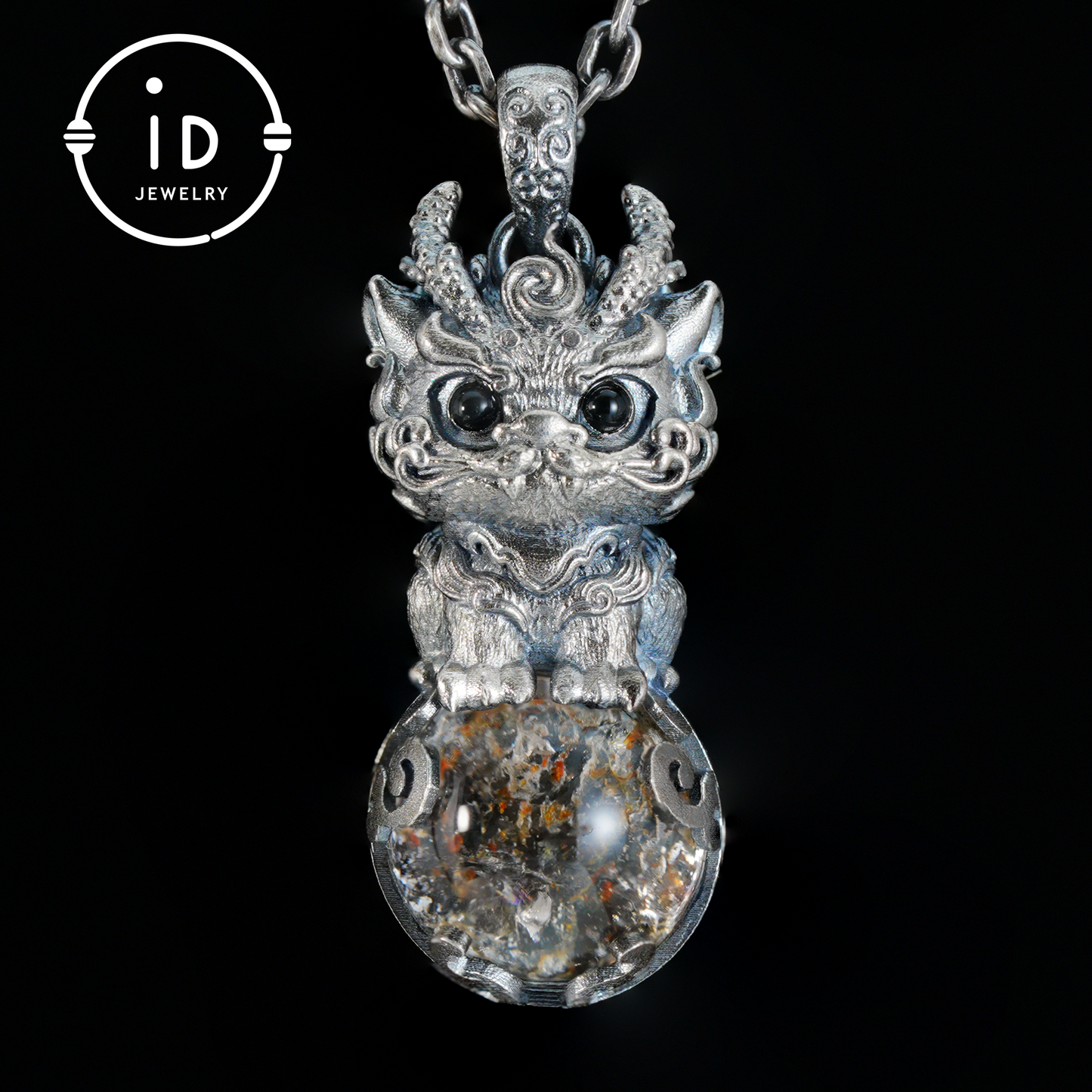 Totem Pendant with Phantom Quartz and Black Agate in 925 Silver, Handmade Fantasy Animal Jewelry in Gothic Vintage Style, Gift for Her