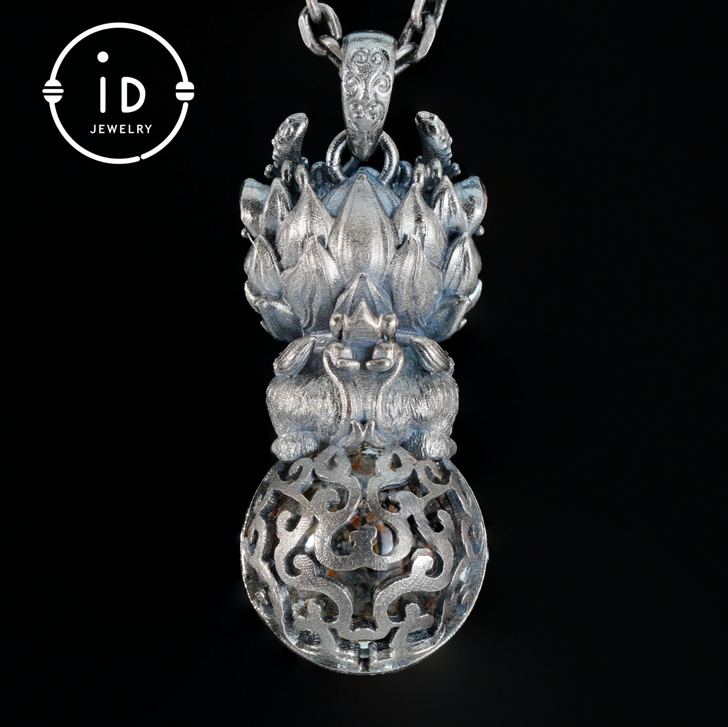 Totem Pendant with Phantom Quartz and Black Agate in 925 Silver, Handmade Fantasy Animal Jewelry in Gothic Vintage Style, Gift for Her