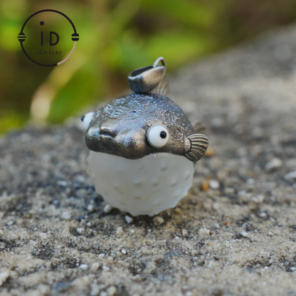 Pufferfish Pendant in White Crystal and 925 Silver, Oxidized, Animal Figurine Jewelry in Fairytale Style, Gift for Her or Decor