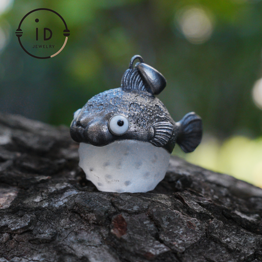 Pufferfish Pendant in White Crystal and 925 Silver, Oxidized, Animal Figurine Jewelry in Fairytale Style, Gift for Her or Decor
