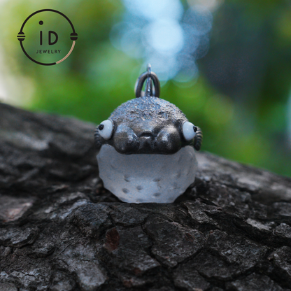Pufferfish Pendant in White Crystal and 925 Silver, Oxidized, Animal Figurine Jewelry in Fairytale Style, Gift for Her or Decor