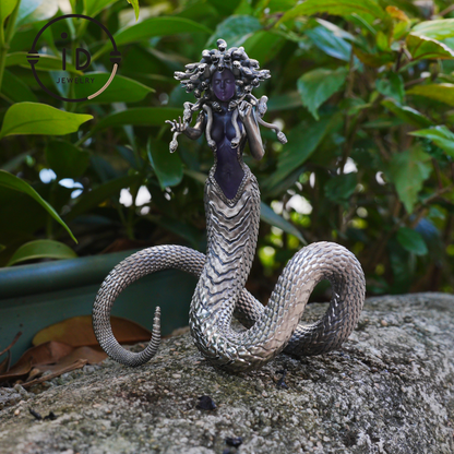 Silver Amethyst Serpent Woman Pendant & Figurine, Handmade Gothic Totem Art Object, Wearable or Display, Unique Gift Idea