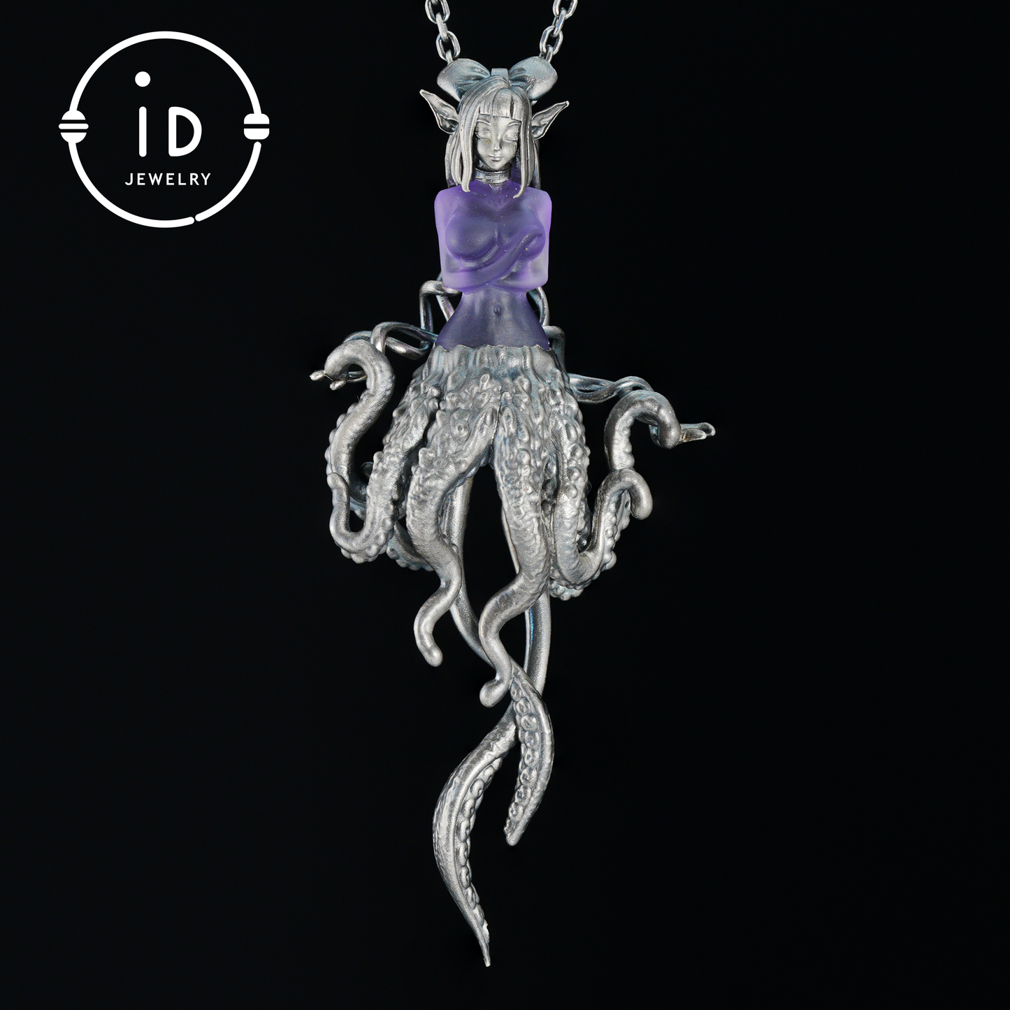 Large Amethyst Pendant in Oxidized 925 Silver with Tentacle Figure · Gothic Fantasy Style Necklace · Unique Halloween Jewelry Gift for Her