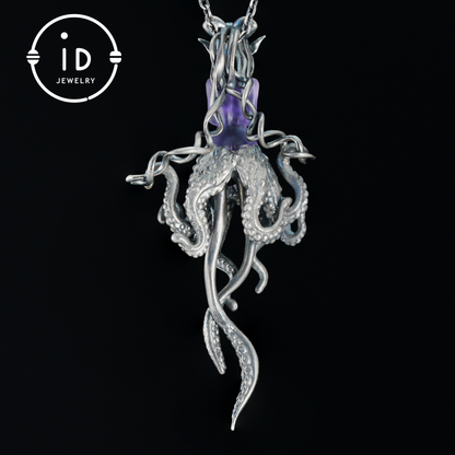 Large Amethyst Pendant in Oxidized 925 Silver with Tentacle Figure · Gothic Fantasy Style Necklace · Unique Halloween Jewelry Gift for Her