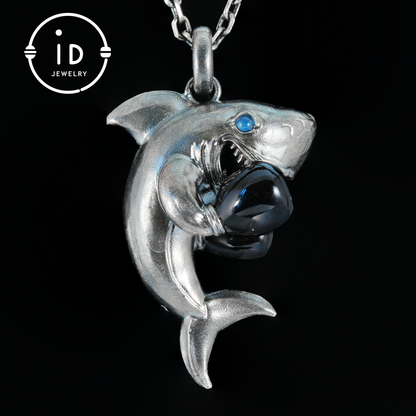 Shark Pendant in Oxidized 925 Sterling Silver with Blue Agate Gem · Ocean Totem Jewelry Gift for Men and Sea Lovers
