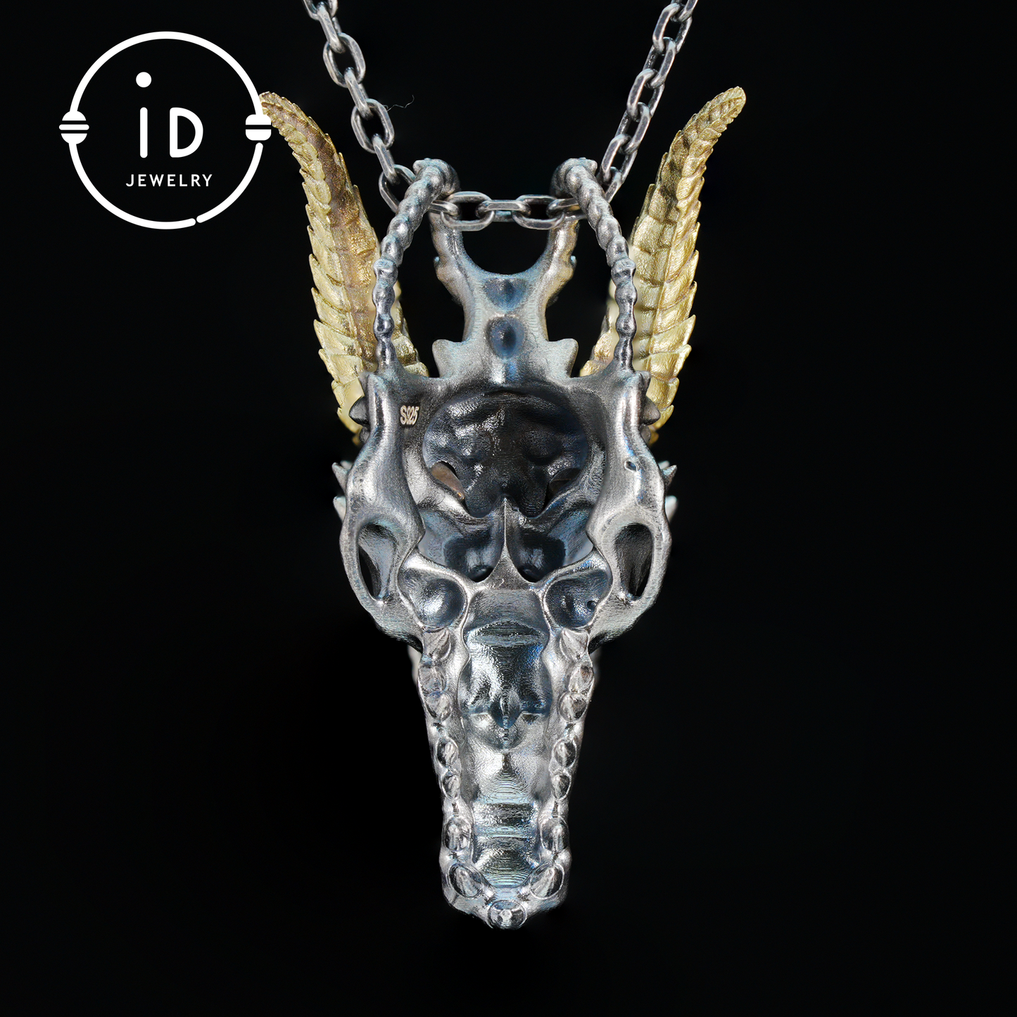 Sterling silver pendant with opal eye dragon head and golden horns in gothic totem style gift for him or fantasy lovers