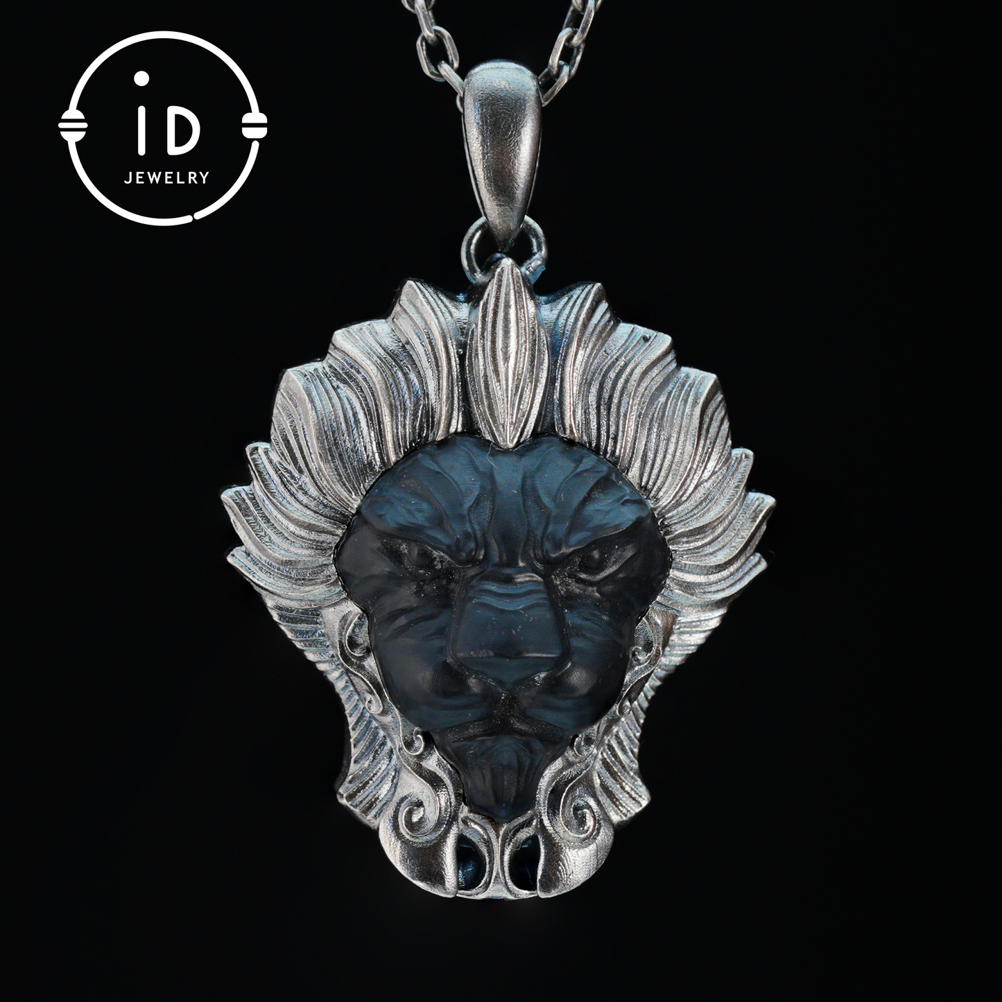 Lion Pendant in 925 Silver with Hand Carved Black Jade, Totem Style Fantasy Necklace, Symbolic Jewelry Gift for Men and Women