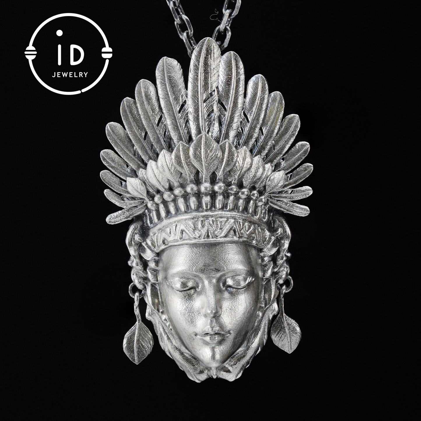 Handcrafted Face Pendant in Oxidized 925 Silver with Feather Crown | Tribal & Gothic Style | Gift for Women | Statement Jewelry