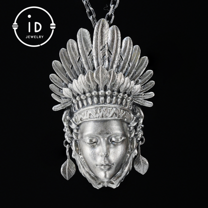 Handcrafted Face Pendant in Oxidized 925 Silver with Feather Crown | Tribal & Gothic Style | Gift for Women | Statement Jewelry