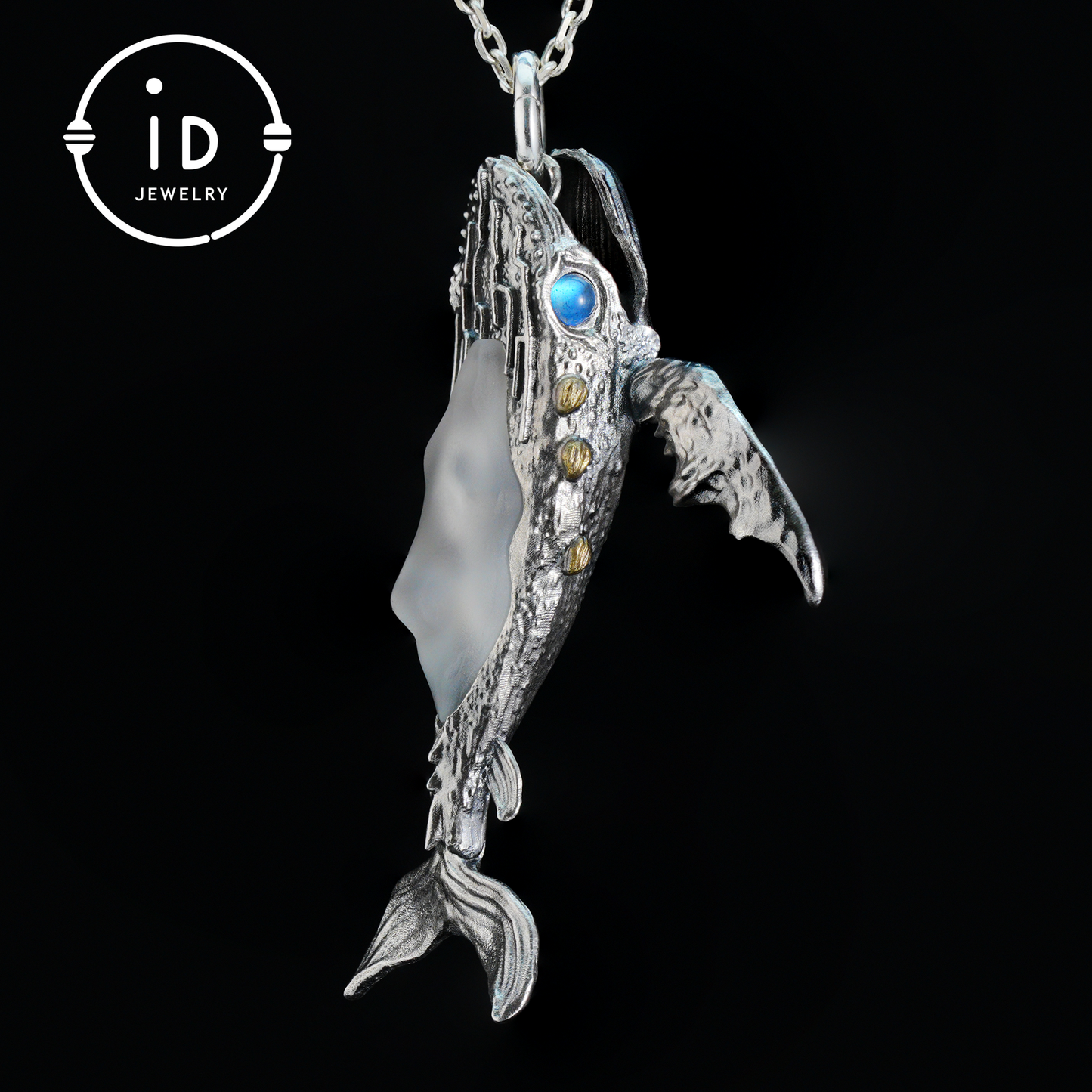 White Crystal Whale Pendant & Brooch in 925 Silver, Labradorite Totem Jewelry Gothic Style, Gift for Her Christmas