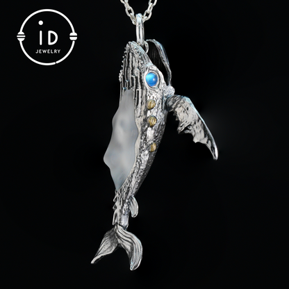 White Crystal Whale Pendant & Brooch in 925 Silver, Labradorite Totem Jewelry Gothic Style, Gift for Her Christmas