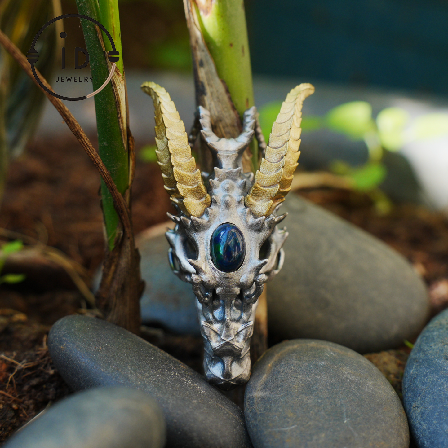 Sterling silver pendant with opal eye dragon head and golden horns in gothic totem style gift for him or fantasy lovers